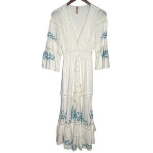 Dimy Embroidered Maxi Dress Womens Small White Blue Floral Resort Wear Boho
